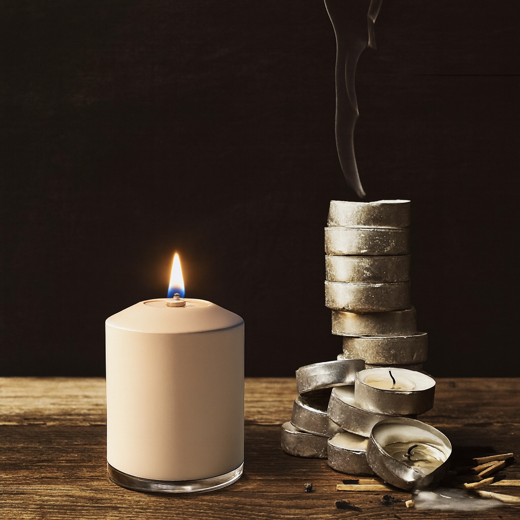 A sinistra una candela Lolux accesa, a destra alcune candeline tealight esaurite, maleodoranti e sporche di cera.
