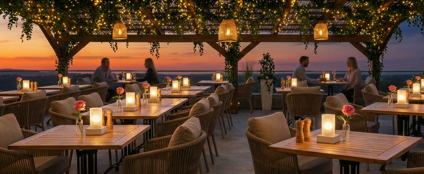 Lampade-portacandela Lolux accese su tavoli di un ristorante